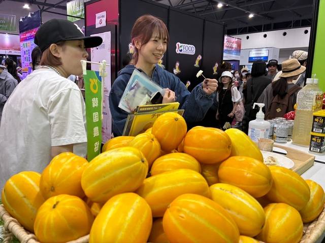 농협중앙회와 농협무역이 13~16일 일본 오사카 엑스포에서 개최한 한국 농식품 홍보 행사에서 방문객들이 경북 성주 참외를 맛보고 있다. 농협중앙회
