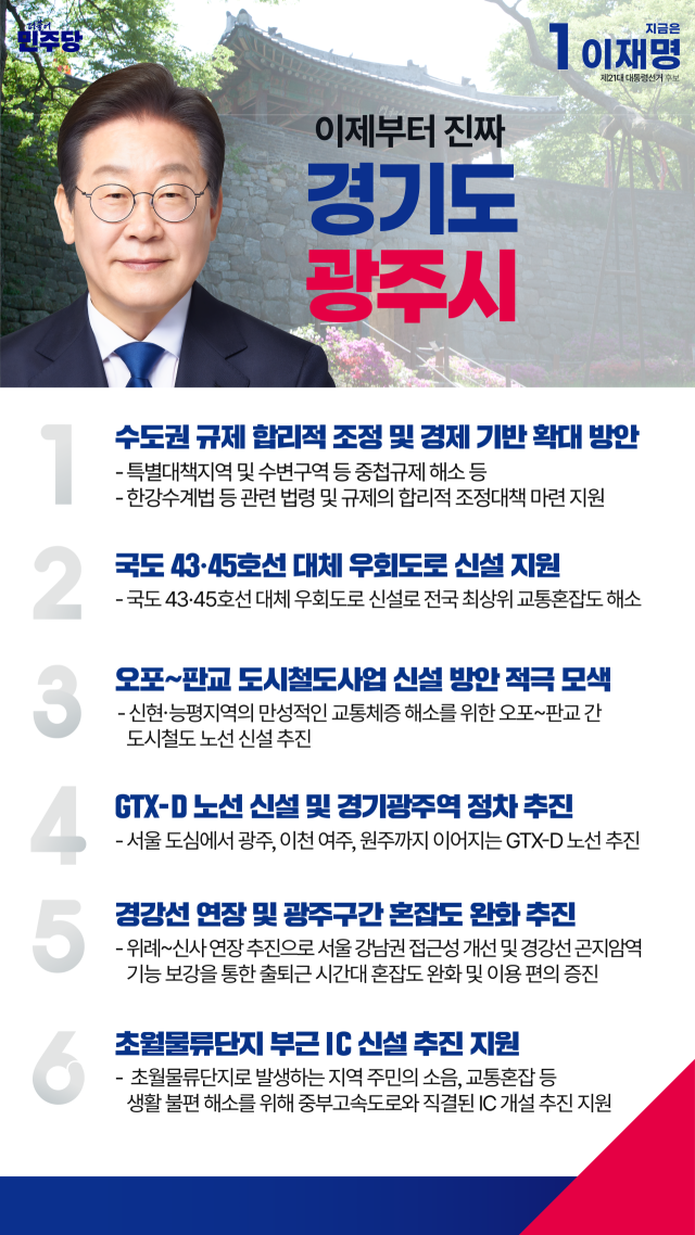 ▲ 더불어민주당 이재명 대선 후보가 경기 광주시 발전을 위한 6가지 공약 ⓒ소병훈 의원실