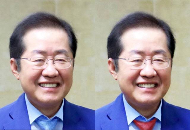 홍준표 전 대구시장이 19일 페이스북 커버사진을 파란 넥타이를 착용한 사진(왼쪽)으로 게시했다가 4시간 뒤 빨간 넥타이 사진으로 변경했다. 사진=연합뉴스