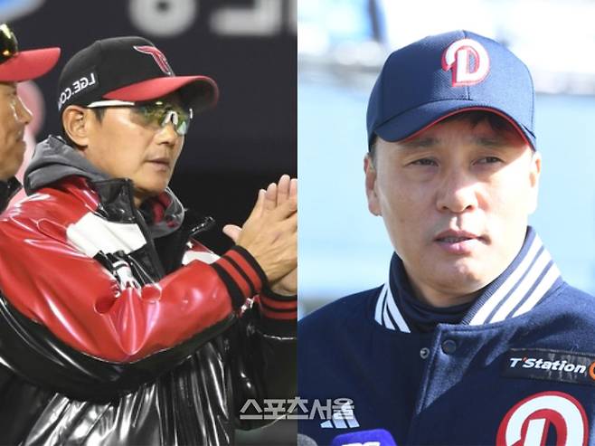 ‘한 지붕 두 가족’ LG 염경엽(왼쪽), 두산 이승엽(오른쪽) 감독의 모습. 같은 잠실 홈구장을 쓰지만, LG는 리그 1위, 두산은 리그 9위에 머문다. 사진 | 스포츠서울 DB