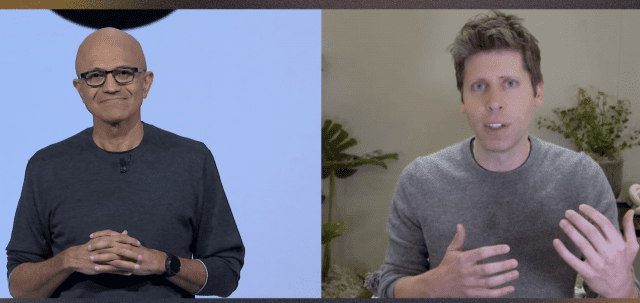 사티아 나델라 마이크로소프트 CEO(좌)와 샘 알트먼 오픈AI CEO. (사진=마이크로소프트 빌드 2025 캡처)