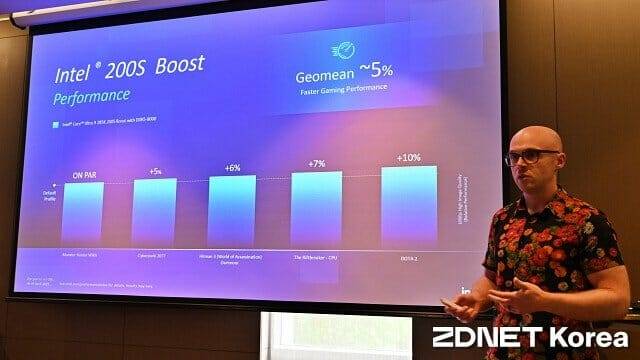 인텔 200S 부스트 적용시 성능 향상 추이. (사진=지디넷코리아)