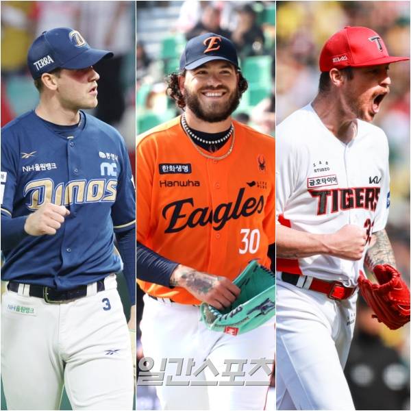 올 시즌 아쉽게 노히트노런을 놓친 NC 라일리 톰슨(왼쪽부터), 한화 코디 폰세, KIA 아담 올러. IS 포토, KIA 제공