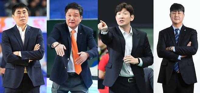 왼쪽부터 이상민 부산 KCC 감독, 유도훈 안양 정관장 감독, 양동근 울산 현대모비스 감독, 손창환 고양 소노 감독. KBL 제공