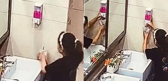 최근 한 여학생이 다른 사람의 음료에 손 세정제를 몰래 넣은 장면이 포착돼 논란이 일고 있다. [사진 = 바이두 캡처]