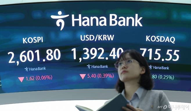 20일 오후 서울 중구 하나은행 딜링룸 전광판에 지수가 표시돼 있다. /사진=뉴시스