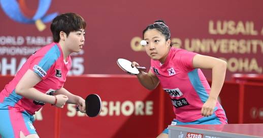 20일(한국시간) 카타르 도하에서 열린 ITTF 세계선수권대회 여자복식 32강전에서 승리한 신유빈(오른쪽)과 유한나. 사진공동취재단