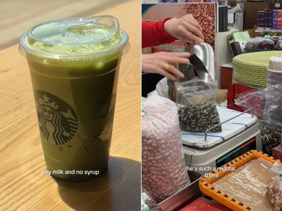 우유 대신 두유를 넣고 시럽을 뺀 말차라떼(왼쪽)와 마트에서 구매한 검은콩. ‘hanabananakor’ 캡처
