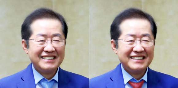 홍준표 전 대구시장이 19일 페이스북 커버사진을 파란 넥타이를 착용한 사진(왼쪽)으로 게시했다가 4시간 뒤 빨간 넥타이 사진으로 변경했다. 2025.5.19 홍준표 페이스북 캡처