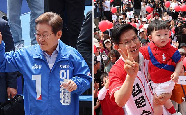 더불어민주당 이재명(왼쪽) 대선 후보가 21일 인천광역시 남동구 구월 로데오광장에서 열린 유세에서 시민들에게 인사하고 있다. 국민의힘 김문수 대선 후보가 21일 경기 김포시 사우문화체육광장에서 아이를 안고 유세를 하고 있다./연합뉴스/