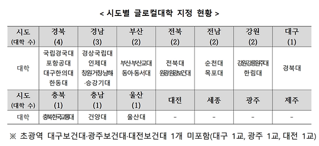 시도별 글로컬대학 지정 현황 <교육부 제공>