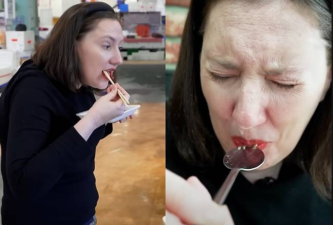 노량진수산시장에서 개불(왼쪽)과 산낙지를 맛보는 CNN 취재진. /CNN