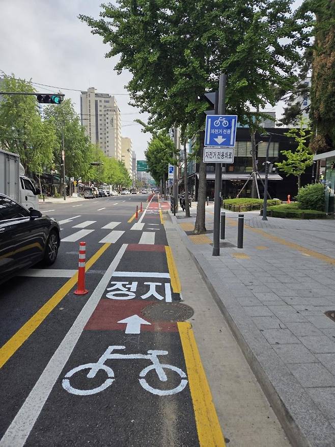 서울시는 ‘창경궁로 도로공간재편사업’을 이달 말 완료하고, 종로4가~퇴계로4가에 이르는 0.9㎞ 구간을 걷기 편한 보행친화거리로 운영한다. 창경궁로에 설치된 자전거 전용차로. 서울시 제공