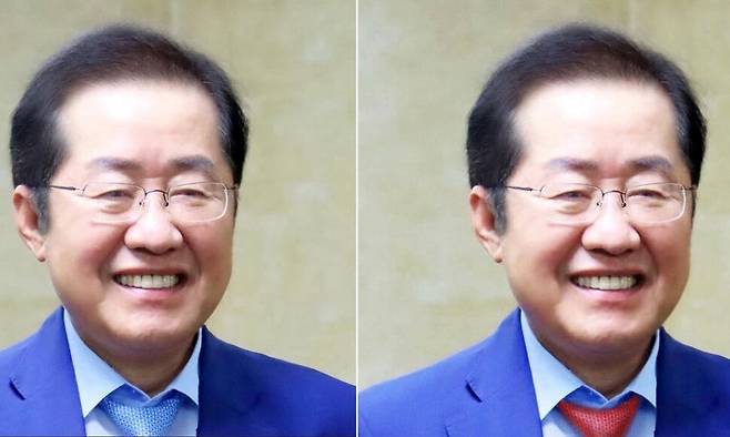 홍준표 전 대구시장이 19일 페이스북 커버사진을 파란 넥타이를 착용한 사진(왼쪽)으로 게시했다가 4시간 뒤 빨간 넥타이 사진으로 변경했다. 연합뉴스