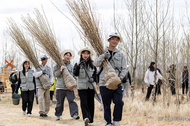 대한항공과 아시아나항공 임직원들이 지난 20일 몽골 울란바타르시 바가노르구에 위치한 대한항공 숲에서 식림 활동을 하고 있다. 바가노르(몽골)=임세준 기자