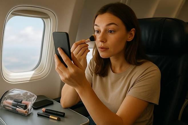 기내에서 한 여성이 화장을 하는 모습. [챗GPT로 제작한 이미지]