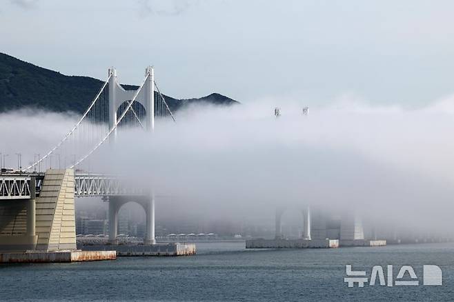 [부산=뉴시스] 하경민 기자 = 초여름 더위가 이어진 21일 부산 광안대교에 짙은 해무가 밀려와 장관을 연출하고 있다. 2025.05.21. yulnetphoto@newsis.com