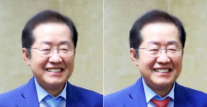 홍준표 전 대구시장이 지난 19일 페이스북 프로필에&nbsp;파란 넥타이를 착용한 사진을 게시했다가 논란이 일자 빨간 넥타이 사진으로 변경했다. 홍준표 전 시장 페이스북 캡처&nbsp;