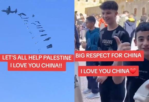 중국이 가자지구 주민들에게 구호품을 전달했다는 내용을 담은 가짜 영상의 일부. 영상 캡처