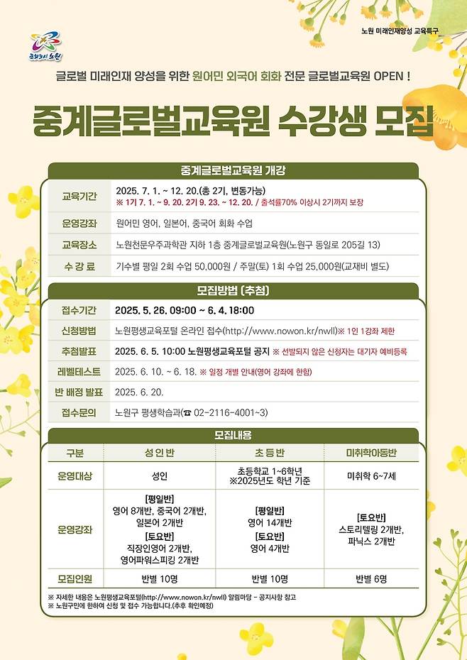 노원구 중계글로벌교육원 수강생 모집 [노원구 제공. 재판매 및 DB 금지]