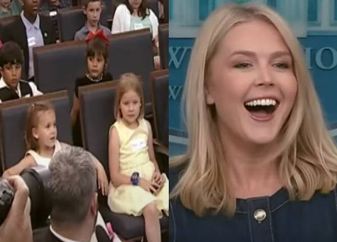 (왼쪽부터) 백악관 일일 어린이 출입 기자들과 캐롤라인 레빗 미국 백악관 대변인. (사진=SBS, 뉴스1 캡처)