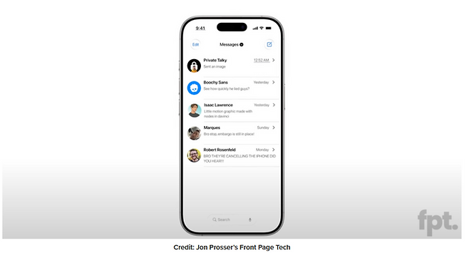 애플 iOS 19 메시지 앱 추정 디자인. 9to5Mac 홈페이지 캡처 (출처: Front Page Tech)
