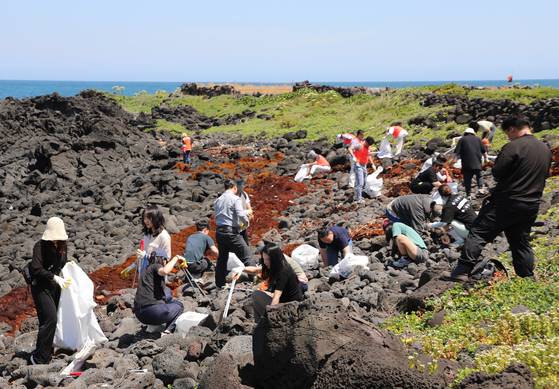 지난해 5월 제주시 조천읍 신흥리 관곶 앞바다에서 '플라스틱 제로 제주 원정대'가 플로깅(Plogging·걷거나 뛰며 쓰레기를 줍는 활동)을 하고 있다. 플라스틱 제로 제주 원정대는 제주특별자치도와 제주관광공사가 운영한다. 뉴스1