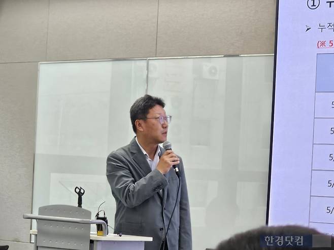 김희섭 SK텔레콤 PR실장이 22일 오전 삼화빌딩에서 열린 '일일 브리핑'에 참석해 유심 교체 현황을 설명하고 있다. 사진=박수빈 기자