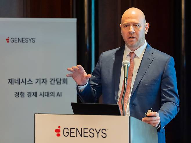 Albert Nel, senior vice president of Genesys Cloud Services, speaks during a press conference at a Seoul hotel on Thursday. (Genesys Cloud Services)