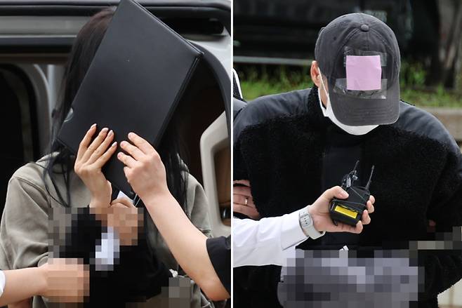 축구 국가대표팀 주장 손흥민 선수의 아이를 임신했다고 주장하며 돈을 뜯어내려 한 20대 여성 양모 씨(왼쪽)와 40대 남성 용모 씨가 지난 17일 영장실질심사를 받기 위해 서울중앙지법에 들어서고 있다. 연합뉴스
