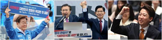 왼쪽부터 22일 경남 집중 유세에 나선 이재명 더불어민주당 대선 후보, 손학규 전 바른미래당 대표의 지지를 받은 김문수 국민의힘 후보, 주한미국상공회의소 간담회에 참석한 이준석 개혁신당 후보 모습. 이한형 기자, 연합뉴스