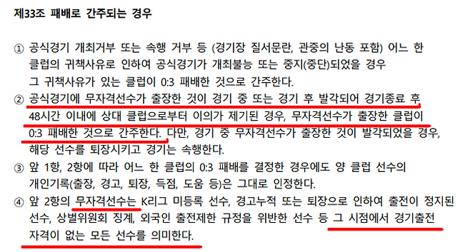한국프로축구연맹 경기 규정 제33조 ‘패배로 간주되는 경우’. 사진=한국프로축구연맹