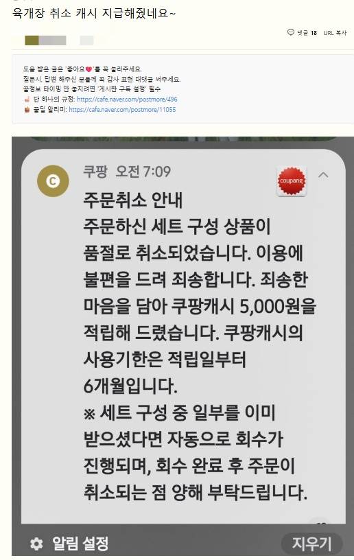 쿠팡이 주문 후 미배송 고객에게 쿠팡 캐시 5000원을 지급했다는 커뮤니티 글. /사진제공=독자
