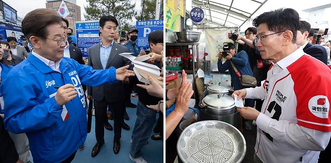 지난 16일 전북 익산 유세에서 지지자가 건넨 저서에 사인을 해주는 이재명(왼쪽) 더불어민주당 대선 후보와 경기 수원시 지동시장 유세에서 상인과 대화하는 김문수 국민의힘 대선후보. [연합]