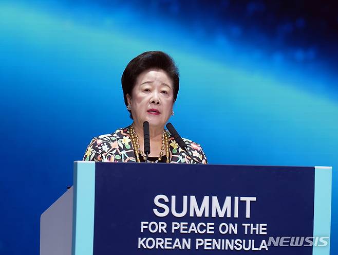 [서울=뉴시스] 세계평화통일가정연합 한학자 총재 (사진=한반도 평화서밋 조직위원회 제공) 2022.02.14. photo@newsis.com *재판매 및 DB 금지