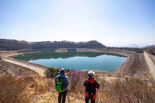 전망대에서 본 호명호수. 호수 속의 인공 배수관을 통해 발전기를 돌려 전기를 만든다. 50여 년 전의 기술로 제주도 전체의 하루 전기를 몇 초 만에 생산할 수 있는 것이 놀랍다.