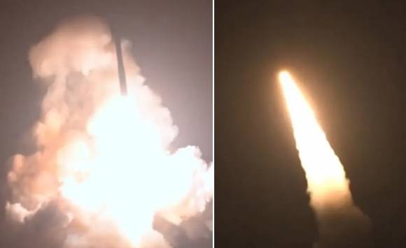 미국 현지시간으로 21일 새벽 반덴버그 기지에서 발사되는 미니트맨3 대륙간탄도미사일(ICBM). 미 공군 제공