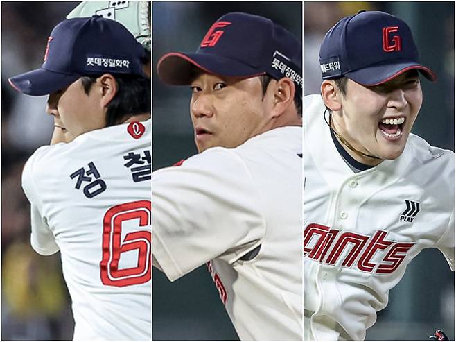 롯데의 중간계투진이 정철원, 김상수, 최준용(왼쪽부터)의 활약에 힘입어 양과 질을 모두 잡고 있다. 반등한 김상수와 어깨 부상을 털고 돌아온 최준용이 숨통을 틔운 덕분이다. 사진제공｜롯데 자이언츠