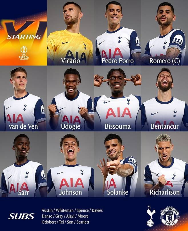 토트넘은 22일(한국시간) 오전 4시부터 스페인 빌바오의 에스타디오 산 마메스에서 맨체스터 유나이티드(잉글랜드)와 2024-2025시즌 유럽축구연맹(UEFA) 유로파리그 결승전을 치르고 있다. 부상에서 최근 복귀한 손흥민은 이날 경기에서 벤치 대기하는 중이다. 토트넘은 전반 42분 상대 수비수 루크 쇼의 자책골로 1-0 앞선 채 전반을 마쳤다. 이대로 끝나면 손흥민은 2015년 토트넘 입단 후 공식대회 첫 우승을 거머쥔다. 토트넘 홋스퍼