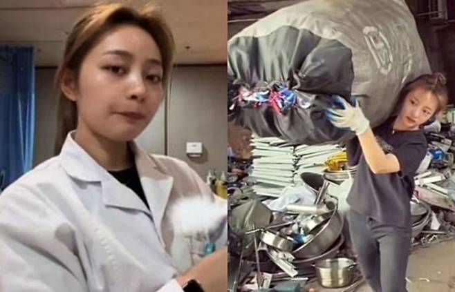 낮에는 병원에서 의사로 근무하고 밤에는 쓰레기를 주우며 이중생활 중인 중국 여성 웅씨(26). VGT뉴스