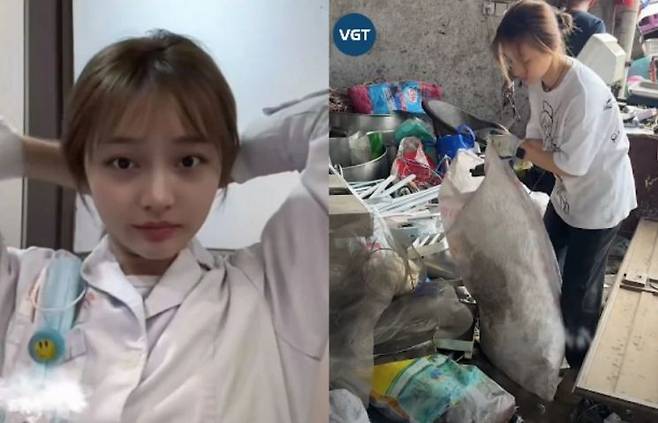 낮에는 병원에서 의사로 근무하고 밤에는 쓰레기를 주우며 이중생활 중인 중국 여성 웅씨(26). VGT뉴스