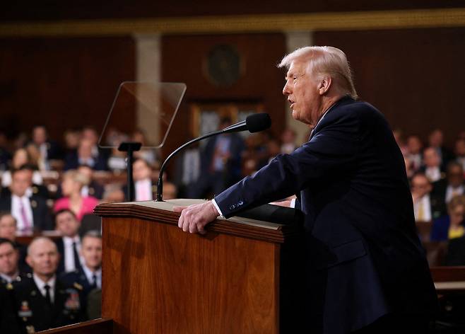 U.S. President Donald Trump addresses a joint session of Congress at the U.S. Capitol in Washington on March 4, 2025. During the speech, Trump named South Korea as one of the countries taking advantage of the United States and emphasized the large amount of U.S. military support provided to Seoul./Reuters-Yonhap