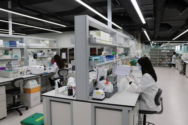 툴젠 연구원들이 치료제 개발을 위한 유전자 교정 연구를 진행하고 있다. 툴젠 제공.