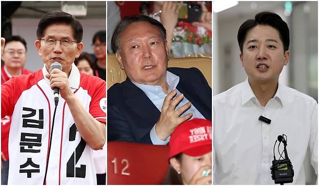 왼쪽부터 김문수 국민의힘 대선 후보, 전 대통령 윤석열, 이준석 개혁신당 대선 후보. 연합뉴스