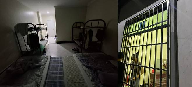지난 16일 한국인 사기범 15명이 체포된 캄보디아 시아누크빌의 범죄단지. 범죄자들이 숙식하던 숙소(좌)와 철창이 달린 문(우)의 모습./사진=독자 제공