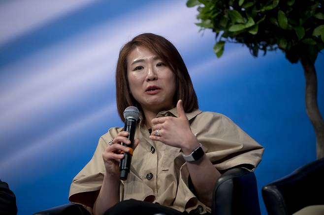 Lee Joo-hwa, senior vice president of Autocrypt, speaks during the panel discussion at the International Transport Forum in Leipzig, Germany, on Thursday. (International Transport Forum)