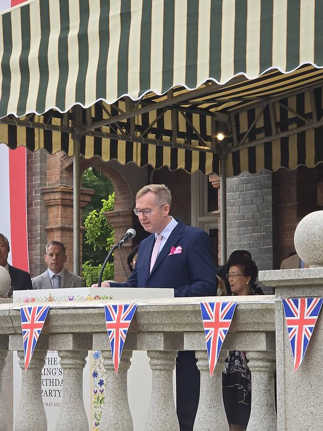 Colin Crooks, the British Ambassador to South Korea, speaks at the official birthday celebration for King Charles III at the British Embassy Residence in Jung-gu, Seoul. (British Embassy Seoul)