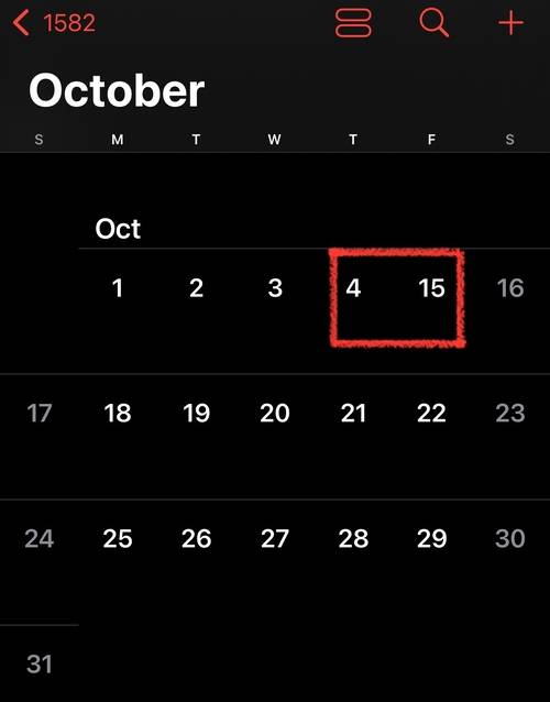 애플 아이폰 달력 속 1582년 10월에는 열흘이 사라져 있다. [사진 = 앱 캡처]