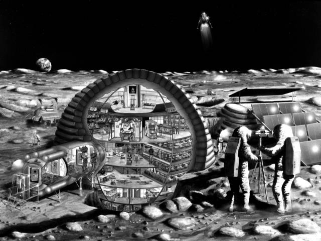 NASA가 만든 달 기지 설계로 흥미진진한 미래형 건축물처럼 보인다. 하지만 우주 정착민들은 밀폐된 거주지에 갇힌 채 기계가 만든 산소와 절대로 실패해서는 안 되는 그 밖의 생명 유지 장치와 안전 시스템을 비롯해 그곳의 시설에 의존해 살아가는 집단이 될 것이다, 이 기지 안에서는 얼마나 많은 자유를 누릴 수 있을까. 사진 제공=열린책들