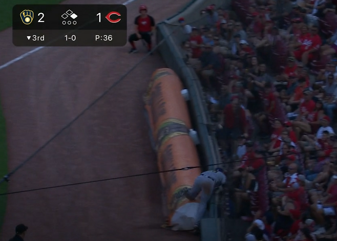 2023년 6월2일 밀워키와 신시내티 경기. 다린 러프 부상 장면. MLB닷컴 영상 캡처